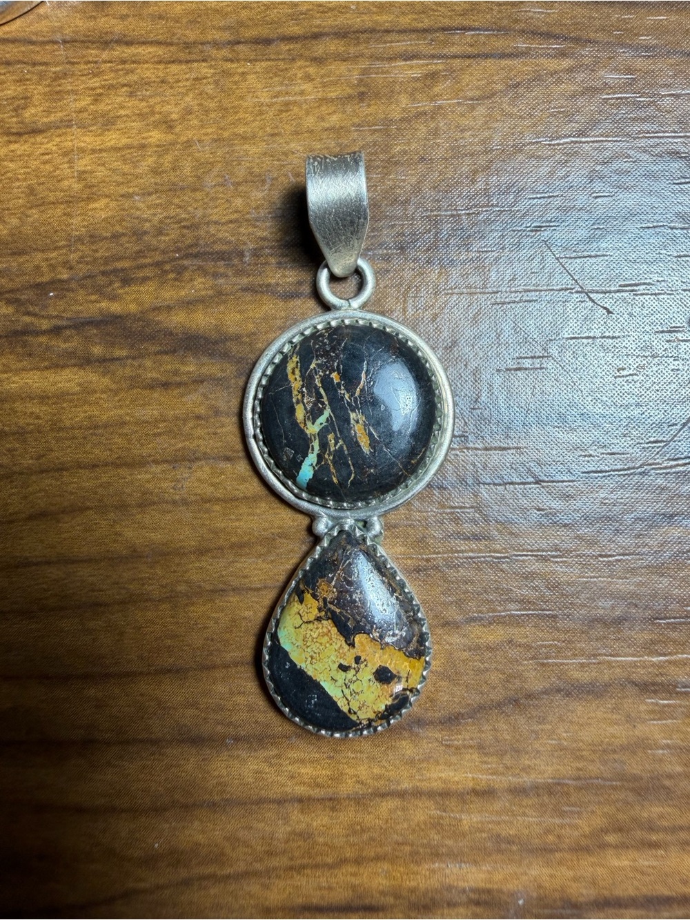 High-Quality Blackjack Turquoise Sterling Silver Two-Stone Pendant 2”